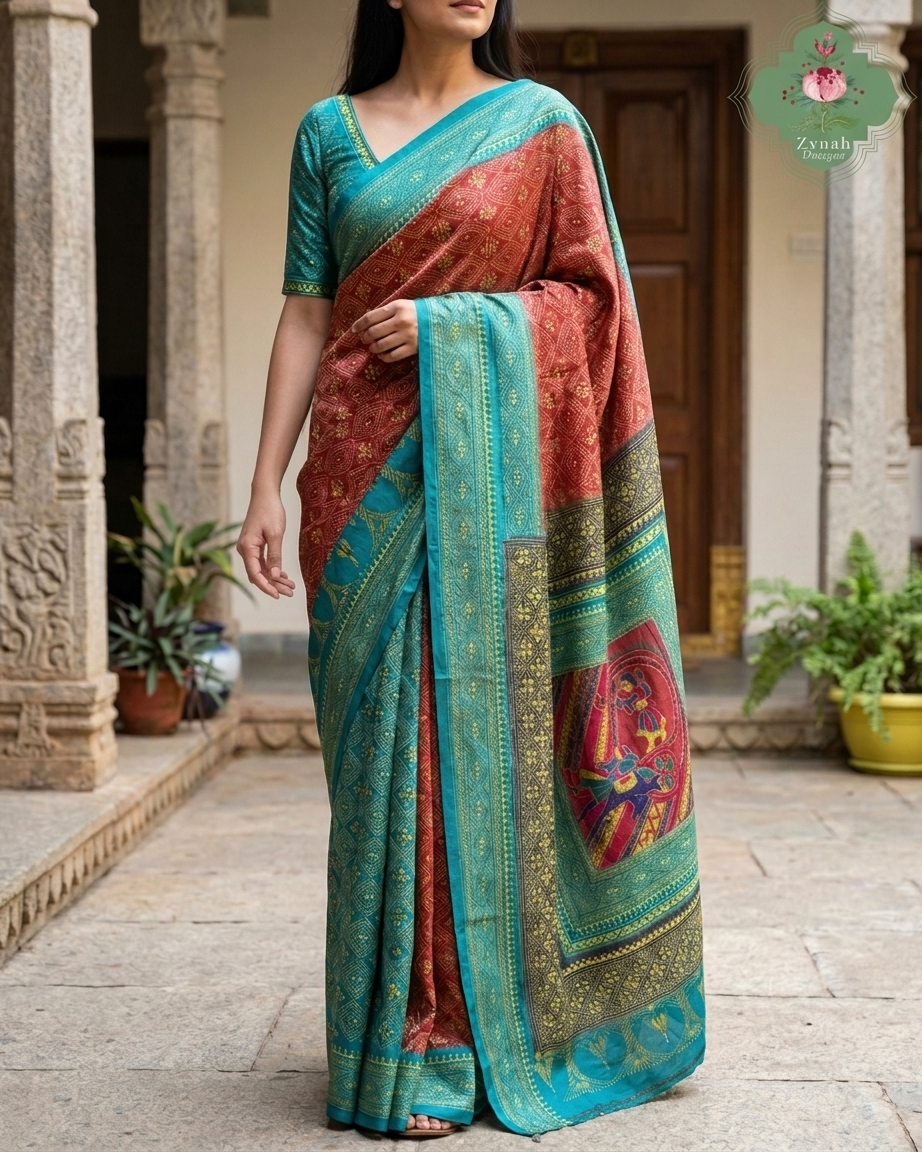 Sumana Red & Teal Pure Gachi Tussar Silk Saree With Kantha Hand Embroidery - SKU 0907202603