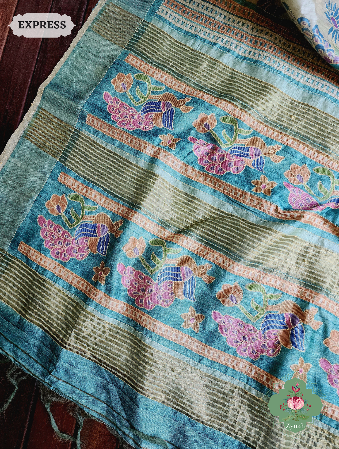 Zynah Beige & Turquoise Jute Linen Saree With Kantha Work; Custom Stitched/Ready-made Blouse, Fall, Petticoat; SKU: 2207202303