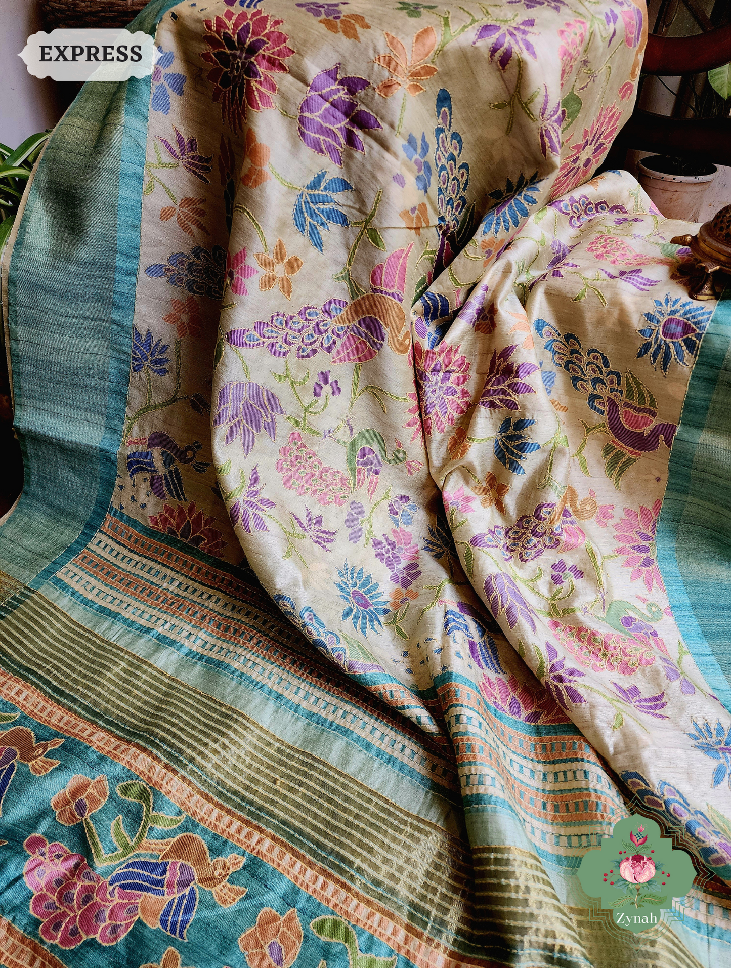 Zynah Beige & Turquoise Jute Linen Saree With Kantha Work; Custom Stitched/Ready-made Blouse, Fall, Petticoat; SKU: 2207202303