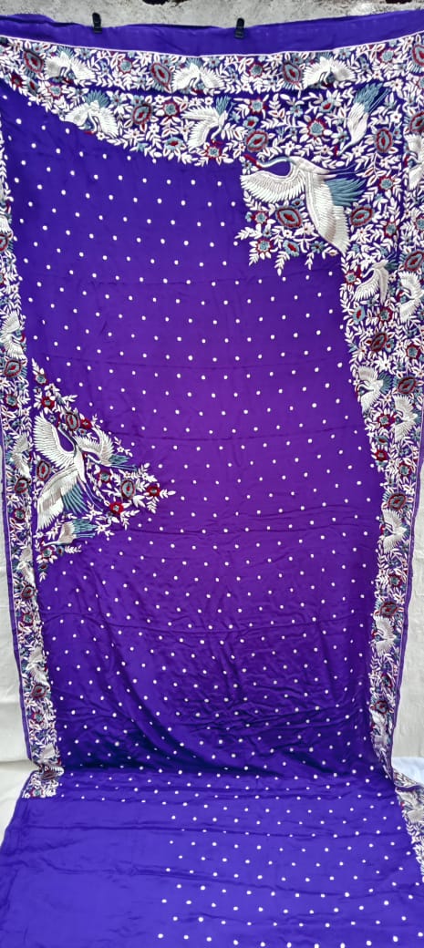 Zynah Made To Order Aubergeine Pure Crepe Silk Hand Embroidered Parsi Gara Saree, Authentic Vintage Art, Heirloom Piece; Custom Stitched/Ready-made Blouse, Fall, Petticoat; SKU: 0612202301