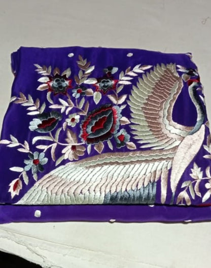 Zynah Made To Order Aubergeine Pure Crepe Silk Hand Embroidered Parsi Gara Saree, Authentic Vintage Art, Heirloom Piece; Custom Stitched/Ready-made Blouse, Fall, Petticoat; SKU: 0612202301