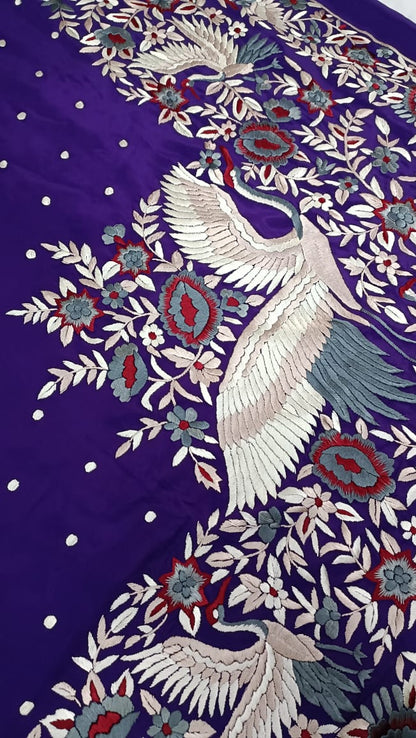 Zynah Made To Order Aubergeine Pure Crepe Silk Hand Embroidered Parsi Gara Saree, Authentic Vintage Art, Heirloom Piece; Custom Stitched/Ready-made Blouse, Fall, Petticoat; SKU: 0612202301