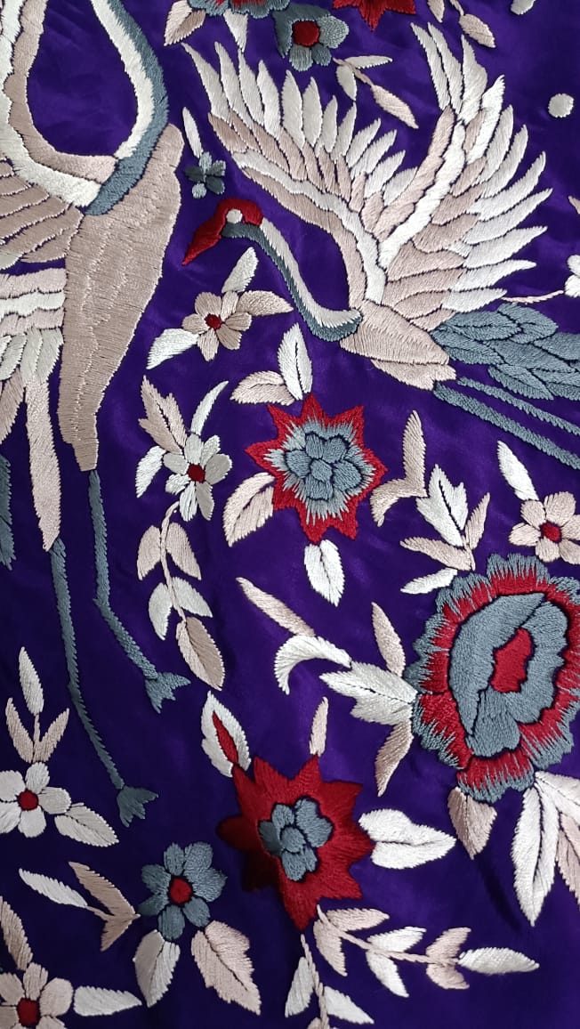 Zynah Made To Order Aubergeine Pure Crepe Silk Hand Embroidered Parsi Gara Saree, Authentic Vintage Art, Heirloom Piece; Custom Stitched/Ready-made Blouse, Fall, Petticoat; SKU: 0612202301