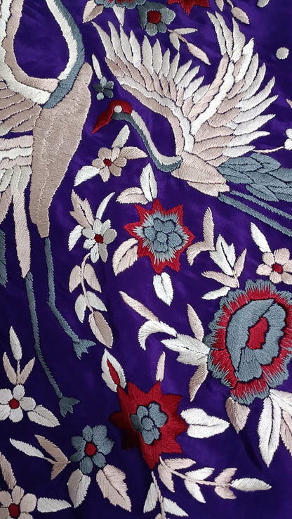 Zynah Made To Order Aubergeine Pure Crepe Silk Hand Embroidered Parsi Gara Saree, Authentic Vintage Art, Heirloom Piece; Custom Stitched/Ready-made Blouse, Fall, Petticoat; SKU: 0612202301