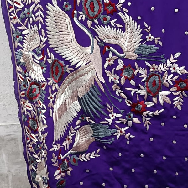 Zynah Aubergeine Pure Crepe Silk Hand Embroidered Parsi Gara Saree, Authentic Vintage Art, Heirloom Piece; Custom Stitched/Ready-made Blouse, Fall, Petticoat; SKU: 0612202301
