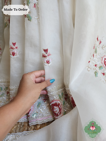 Zynah Made To Order White Organza Silk Saree With Thread Embroidery & Hand Embellished With Sequins, Pearls & Cutdana Beads; Custom Stitched/Ready-made Blouse, Fall, Petticoat; SKU: 1203202501
