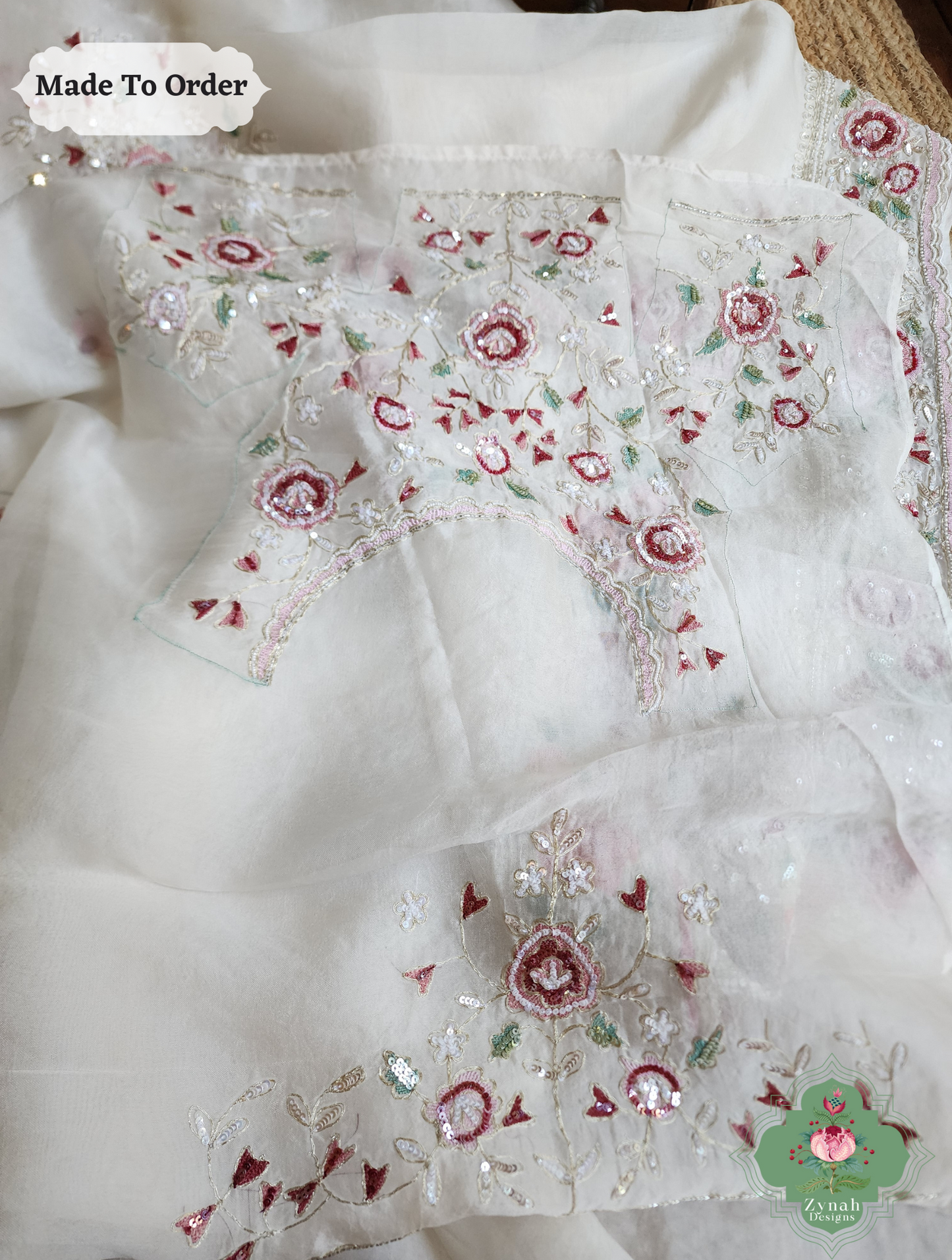 Zynah Made To Order White Organza Silk Saree With Thread Embroidery & Hand Embellished With Sequins, Pearls & Cutdana Beads; Custom Stitched/Ready-made Blouse, Fall, Petticoat; SKU: 1203202501