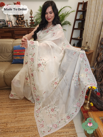 Zynah Made To Order White Organza Silk Saree With Thread Embroidery & Hand Embellished With Sequins, Pearls & Cutdana Beads; Custom Stitched/Ready-made Blouse, Fall, Petticoat; SKU: 1203202501