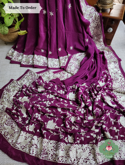 Zynah Made To Order Wine Pure Crepe Parsi Gara Saree With Off White Designer Gara Embroidery on Pallu; Custom Stitched/Ready-made Blouse, Fall, Petticoat; SKU: 0106202303