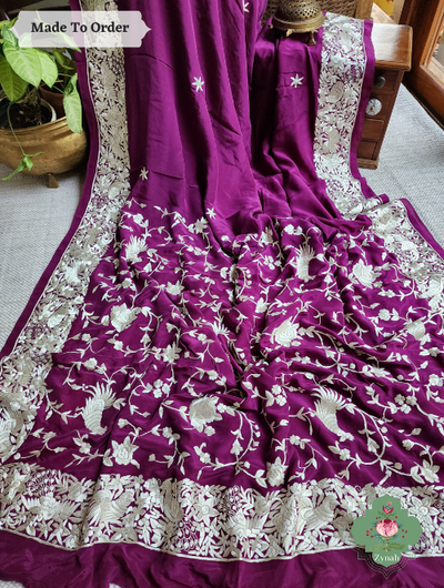 Zynah Made To Order Wine Pure Crepe Parsi Gara Saree With Off White Designer Gara Embroidery on Pallu; Custom Stitched/Ready-made Blouse, Fall, Petticoat; SKU: 0106202303