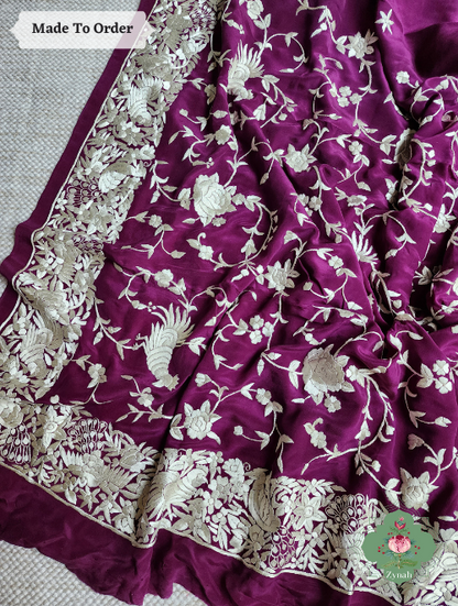 Zynah Made To Order Wine Pure Crepe Parsi Gara Saree With Off White Designer Gara Embroidery on Pallu; Custom Stitched/Ready-made Blouse, Fall, Petticoat; SKU: 0106202303