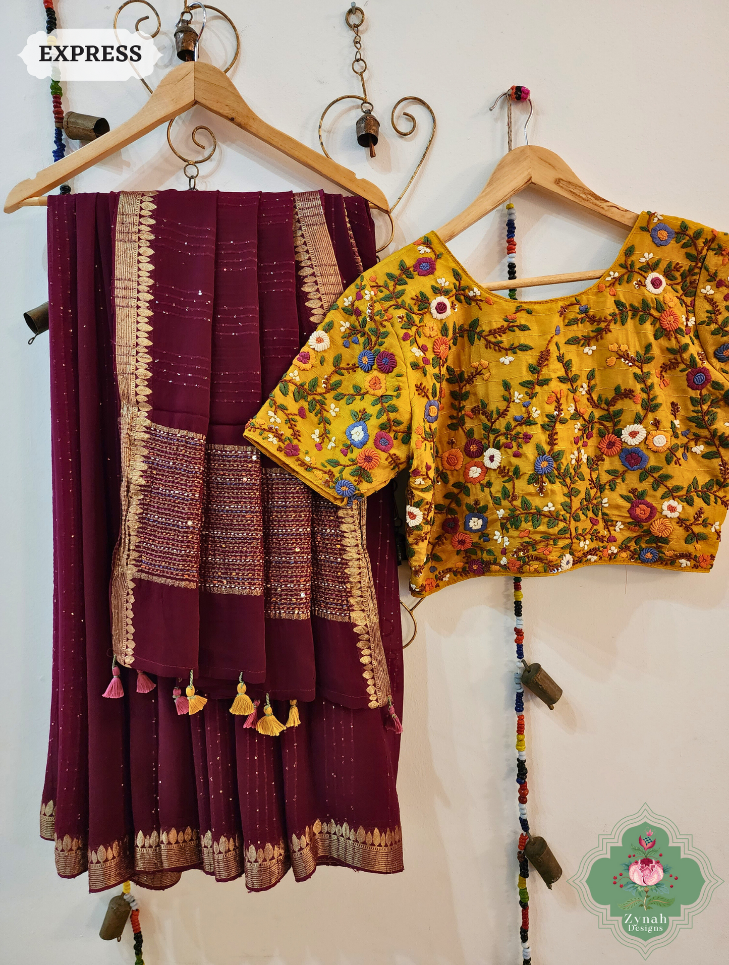 Wine Crepe Silk Saree With Sequins Work, Sleek Border & Kantha Work On Pallu 11