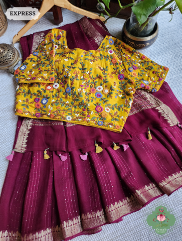 Wine Crepe Silk Saree With Sequins Work, Sleek Border & Kantha Work On Pallu 1
