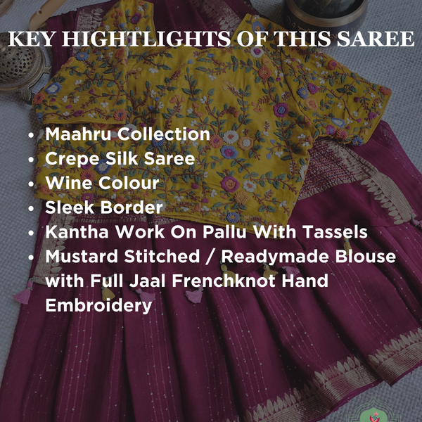 Wine Crepe Silk Saree With Sequins Work, Sleek Border & Kantha Work On Pallu 2