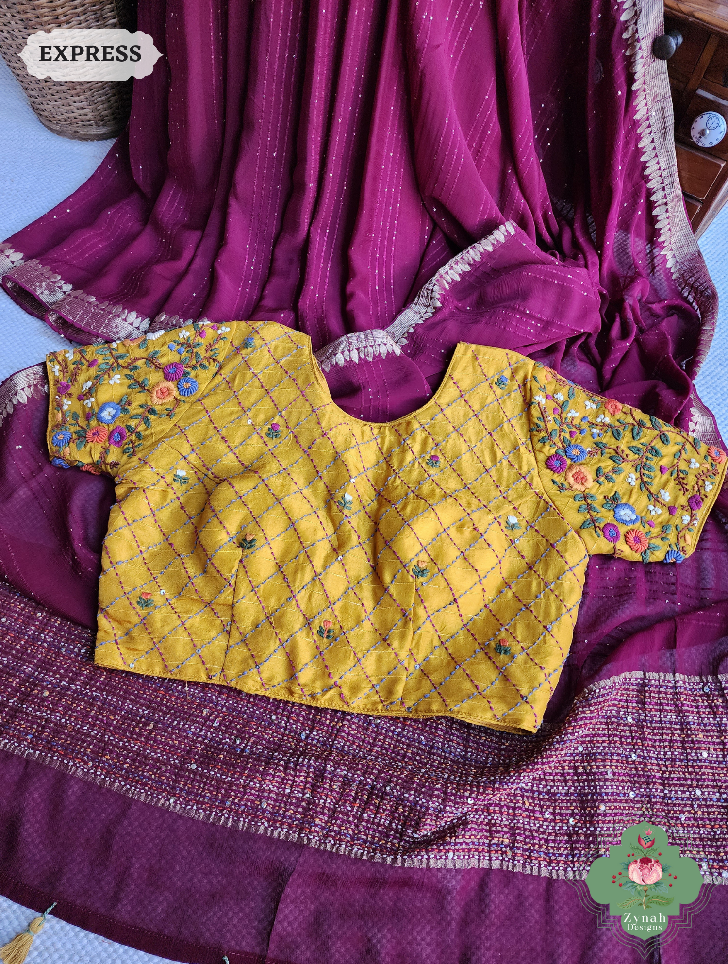 Wine Crepe Silk Saree With Sequins Work, Sleek Border & Kantha Work On Pallu 5