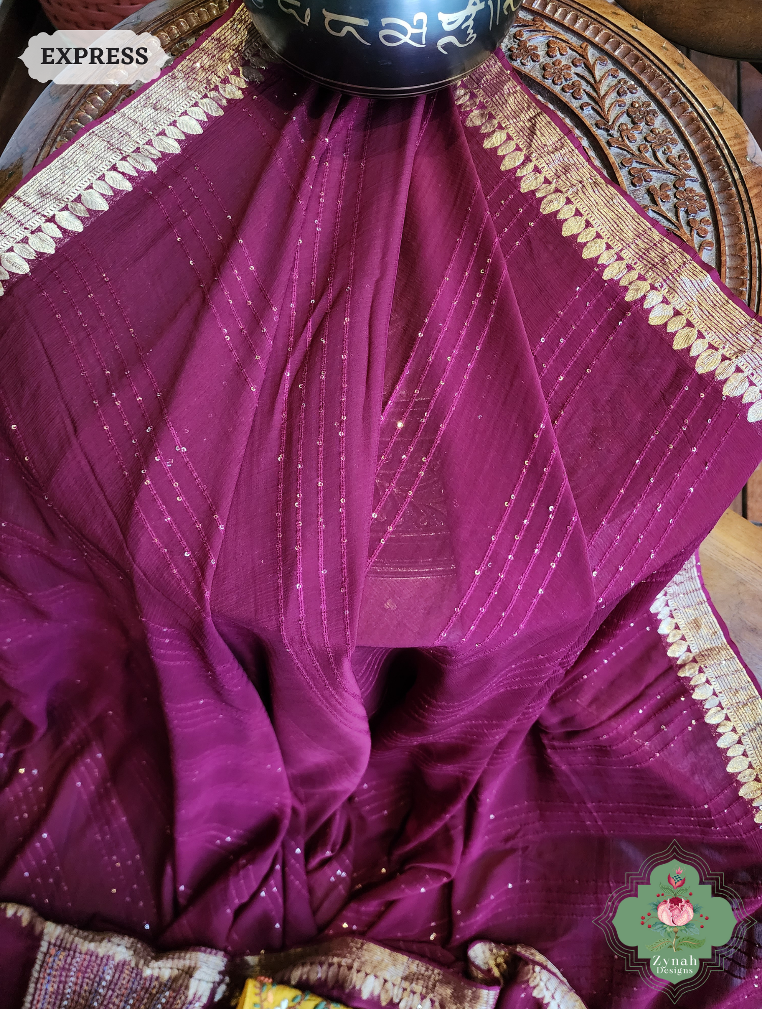 Wine Crepe Silk Saree With Sequins Work, Sleek Border & Kantha Work On Pallu 7