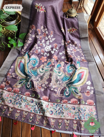 Zynah Wine Jute Linen Saree With Kalamkari Pallu, Kantha & Sequins Highlight & Frenchknot Hand Embroidery; Custom Stitched/Ready-made Blouse, Fall, Petticoat; SKU: 0609202409