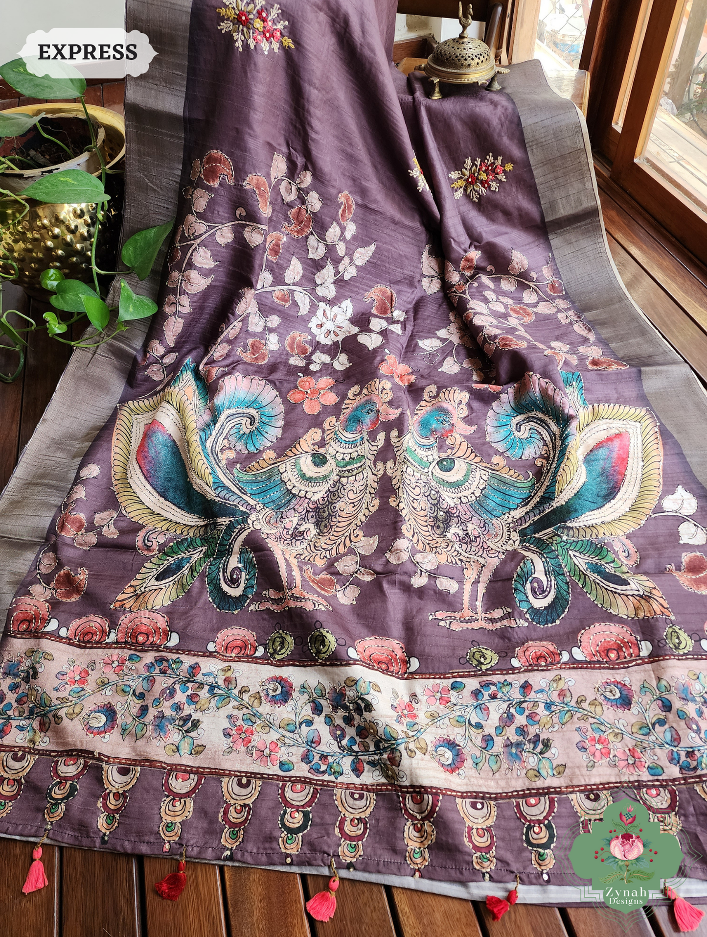 Zynah Wine Jute Linen Saree With Kalamkari Pallu, Kantha & Sequins Highlight & Frenchknot Hand Embroidery; Custom Stitched/Ready-made Blouse, Fall, Petticoat; SKU: 0609202409