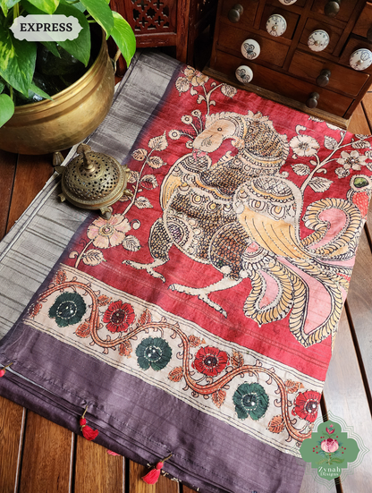 Zynah Wine Jute Linen Saree With Red Kalamkari Pallu, Kantha & Sequins Highlight & Frenchknot Hand Embroidery; Custom Stitched/Ready-made Blouse, Fall, Petticoat; SKU: 06092024010