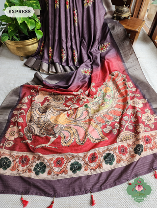 Zynah Wine Jute Linen Saree With Red Kalamkari Pallu, Kantha & Sequins Highlight & Frenchknot Hand Embroidery; Custom Stitched/Ready-made Blouse, Fall, Petticoat; SKU: 06092024010