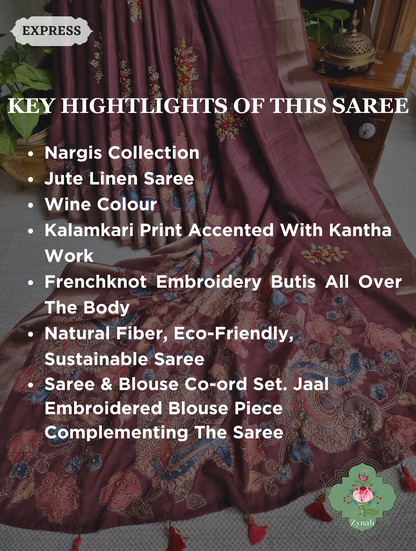 Wine Jute Linen Saree, Kalamkari Pallu With Kantha Work, All Over Frenchknot Embroidery Butis