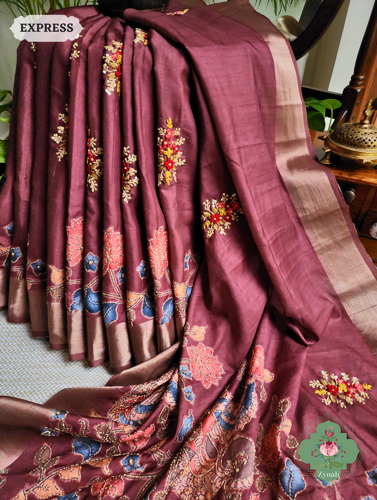 Wine Jute Linen Saree, Kalamkari Pallu With Kantha Work, All Over Frenchknot Embroidery Butis