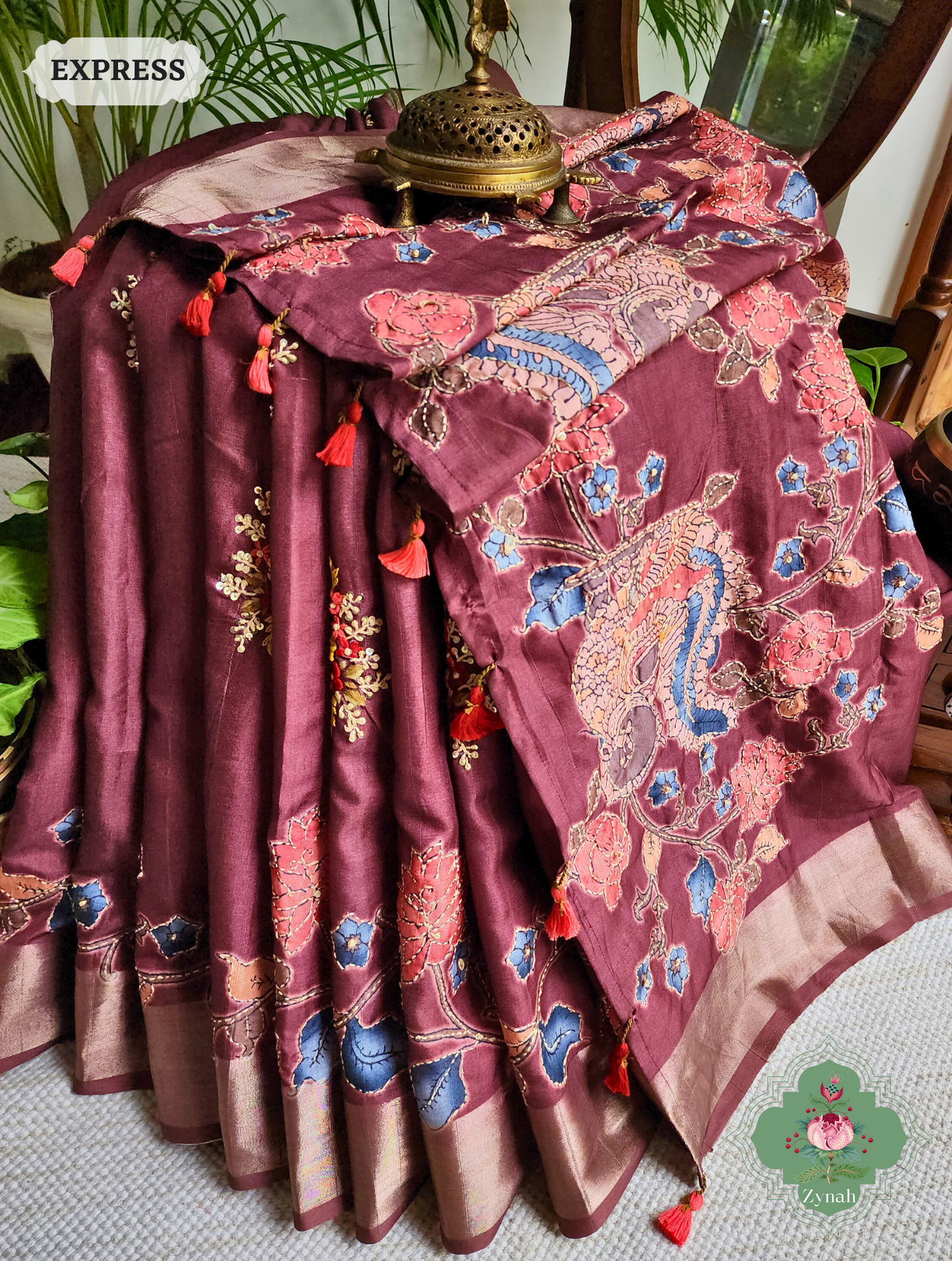 Wine Jute Linen Saree, Kalamkari Pallu With Kantha Work, All Over Frenchknot Embroidery Butis