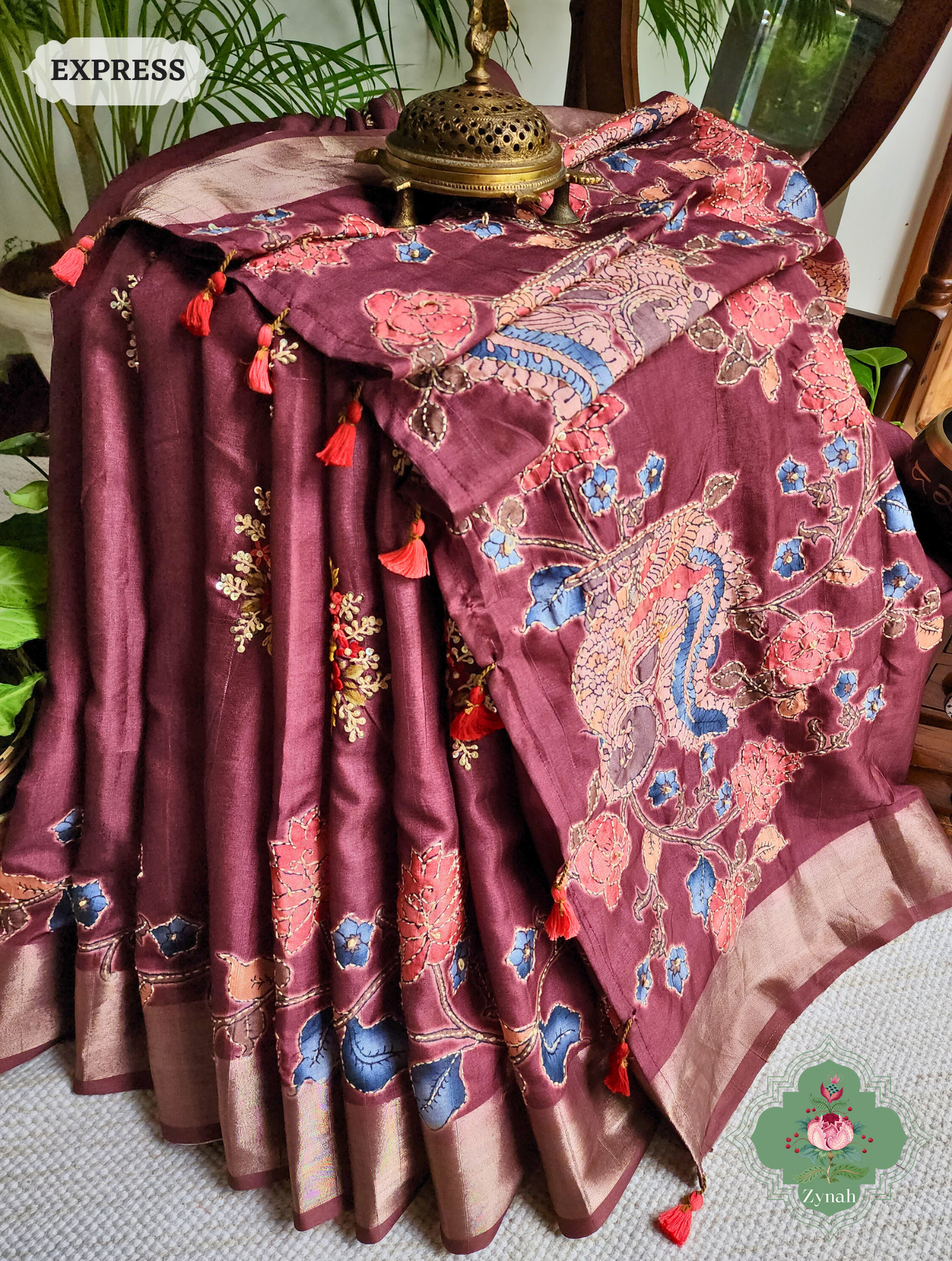 Wine Jute Linen Saree, Kalamkari Pallu With Kantha Work, All Over Frenchknot Embroidery Butis