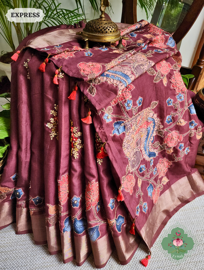 Wine Jute Linen Saree, Kalamkari Pallu With Kantha Work, All Over Frenchknot Embroidery Butis