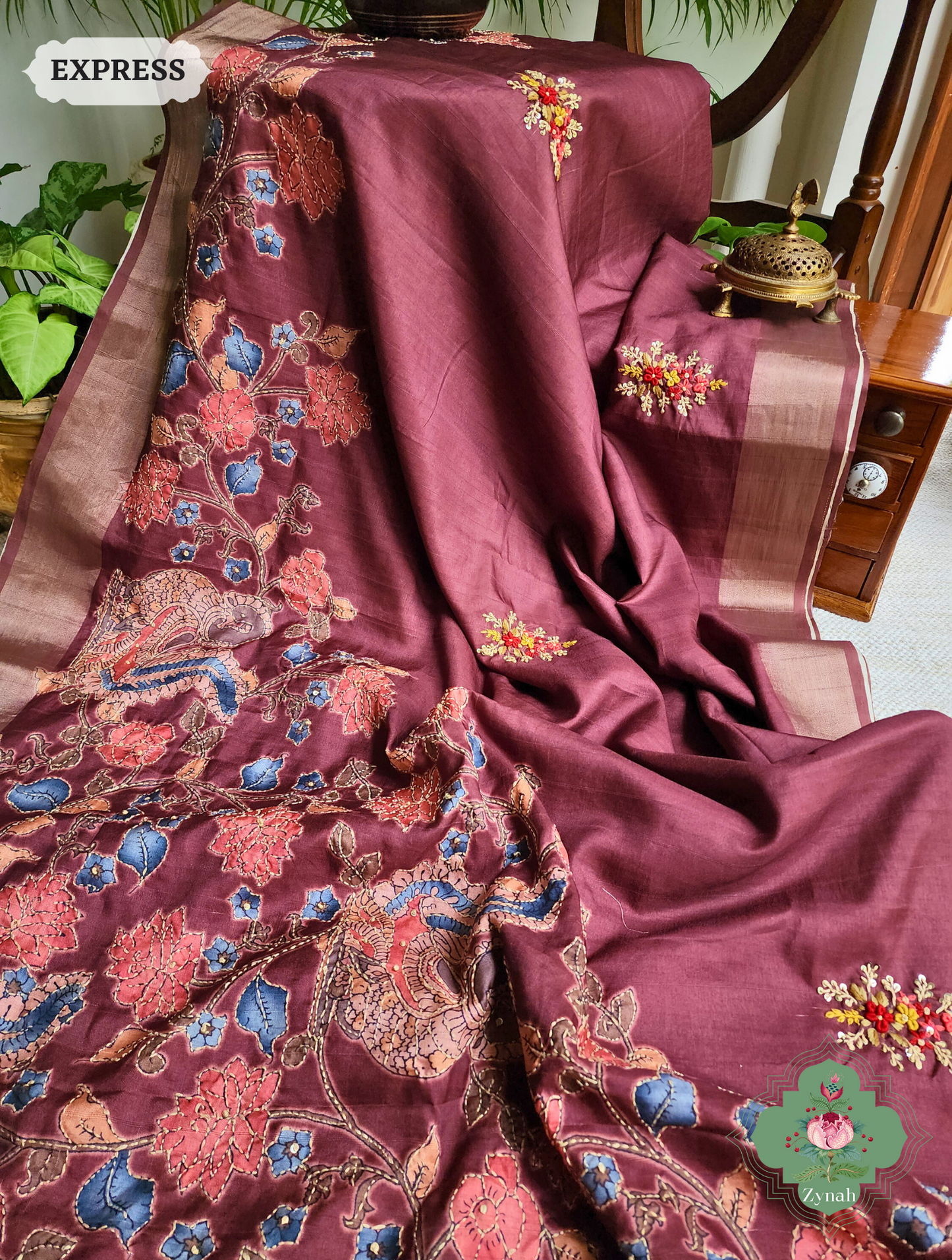 Wine Jute Linen Saree, Kalamkari Pallu With Kantha Work, All Over Frenchknot Embroidery Butis