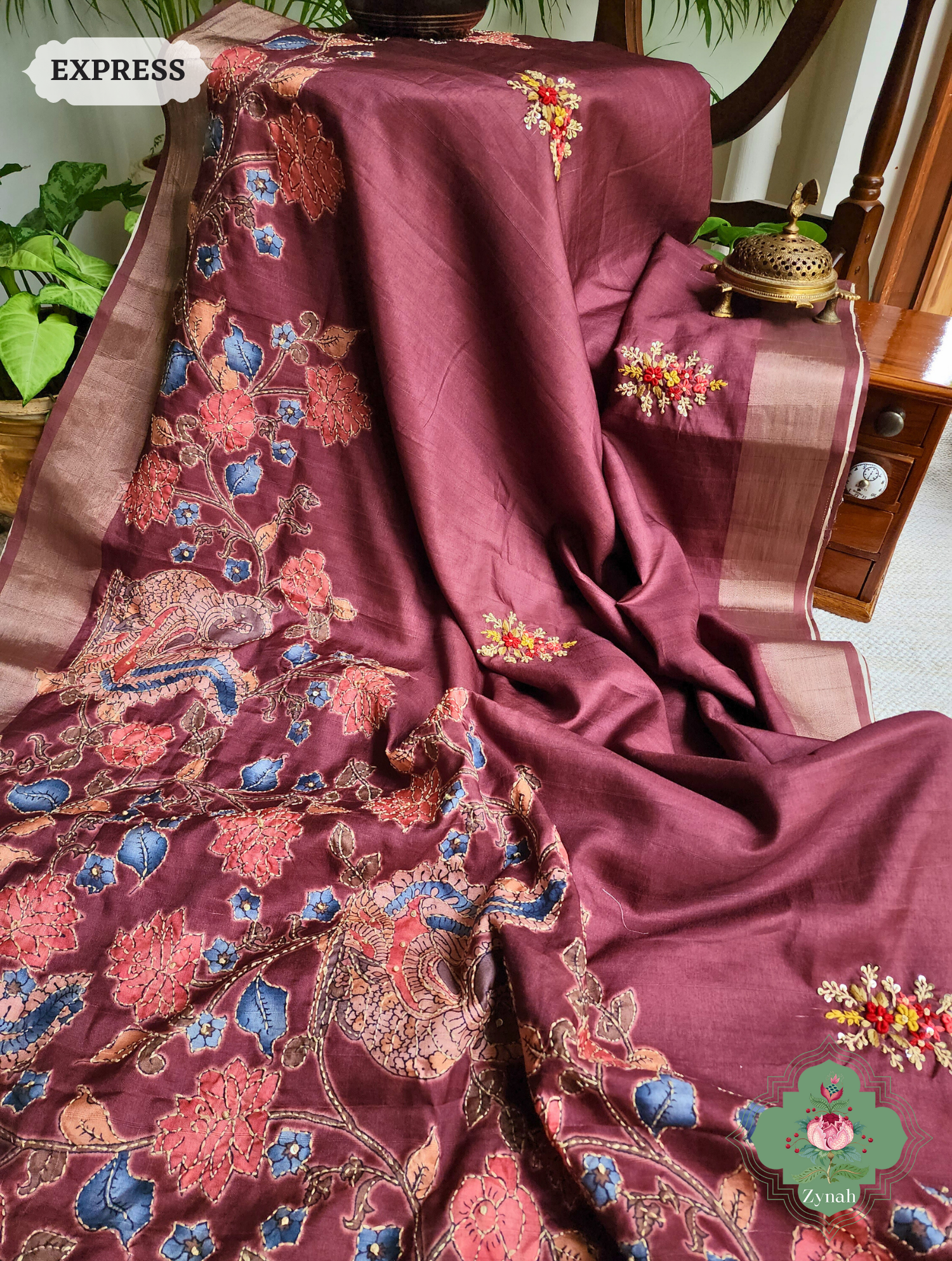 Wine Jute Linen Saree, Kalamkari Pallu With Kantha Work, All Over Frenchknot Embroidery Butis