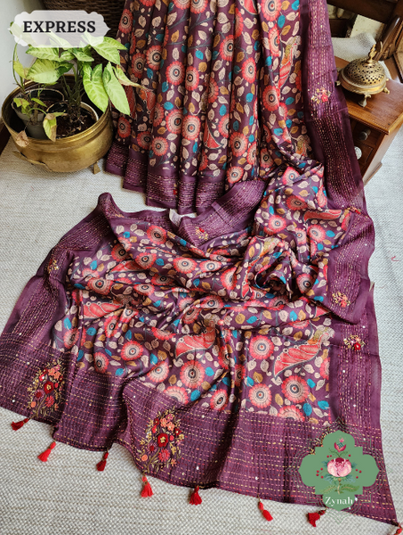 Zynah Wine Jute Tussar Kalamkari Saree, Frenchknot Motifs & Kantha Hand Embroidery at Pallu & Border & Sequins; Custom Stitched/Ready-made Blouse, Fall, Petticoat; SKU: 0805202303