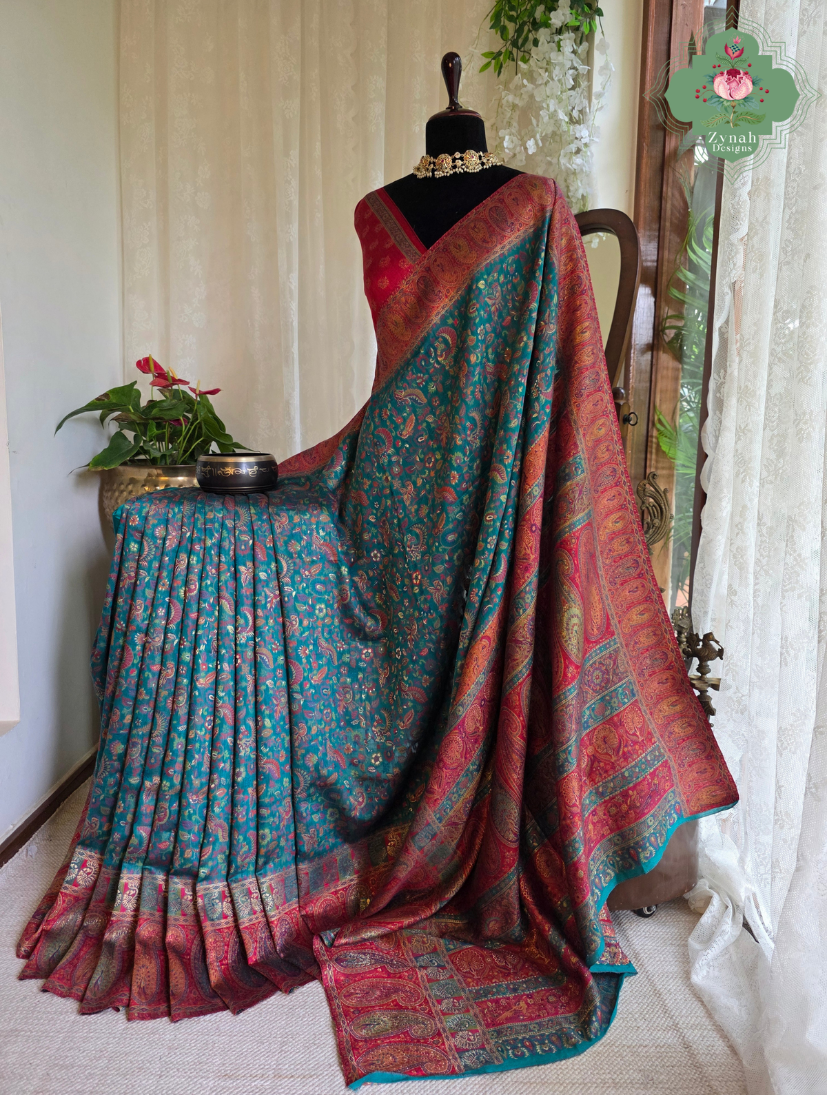 Yamini | Teal Blue & Rust Red Kashmiri Pure Kani Silk Jamavar Weave Saree | Made To Order