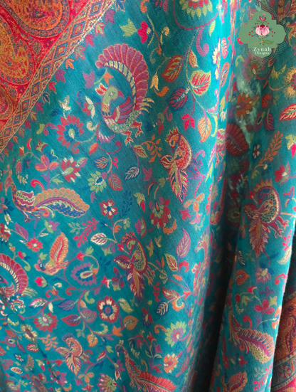 Yamini | Teal Blue & Rust Red Kashmiri Pure Kani Silk Jamavar Weave Saree | Made To Order