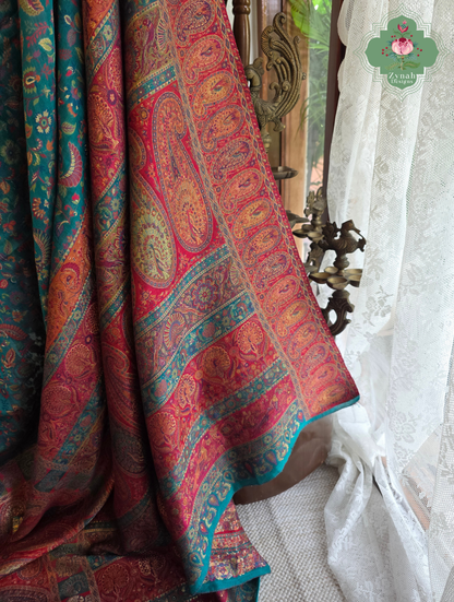 Yamini | Teal Blue & Rust Red Kashmiri Pure Kani Silk Jamavar Weave Saree | Made To Order