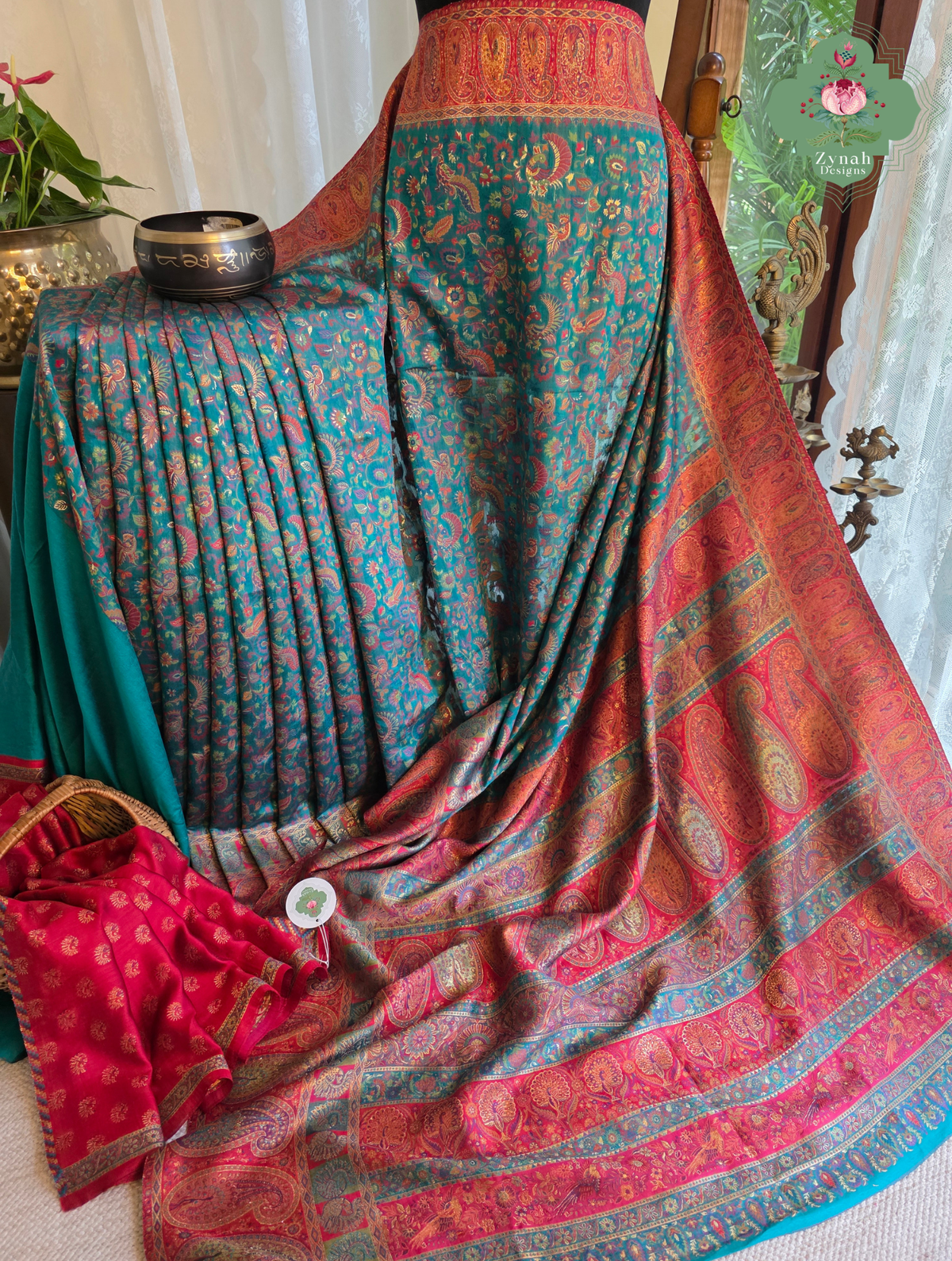 Yamini | Teal Blue & Rust Red Kashmiri Pure Kani Silk Jamavar Weave Saree | Made To Order