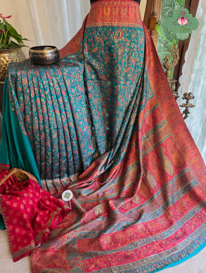 Yamini | Teal Blue & Rust Red Kashmiri Pure Kani Silk Jamavar Weave Saree | Made To Order