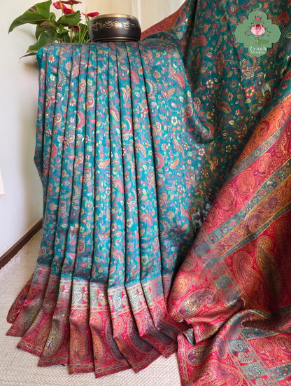 Yamini | Teal Blue & Rust Red Kashmiri Pure Kani Silk Jamavar Weave Saree | Made To Order