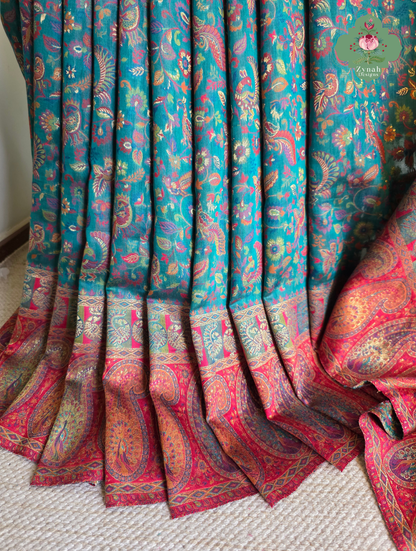 Yamini | Teal Blue & Rust Red Kashmiri Pure Kani Silk Jamavar Weave Saree | Made To Order