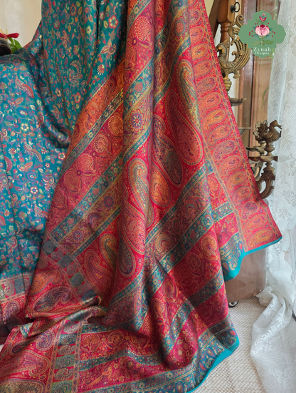 Yamini | Teal Blue & Rust Red Kashmiri Pure Kani Silk Jamavar Weave Saree | Made To Order