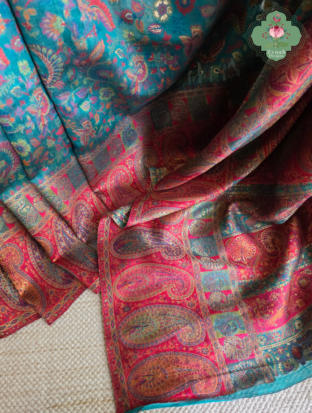 Yamini | Teal Blue & Rust Red Kashmiri Pure Kani Silk Jamavar Weave Saree | Made To Order