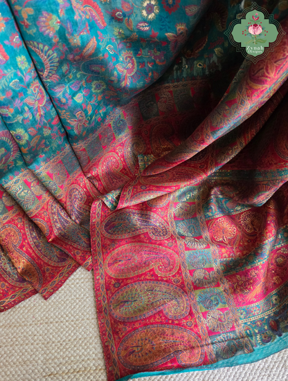 Yamini | Teal Blue & Rust Red Kashmiri Pure Kani Silk Jamavar Weave Saree | Made To Order