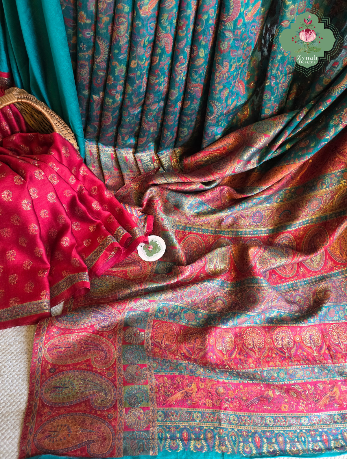 Yamini | Teal Blue & Rust Red Kashmiri Pure Kani Silk Jamavar Weave Saree | Made To Order