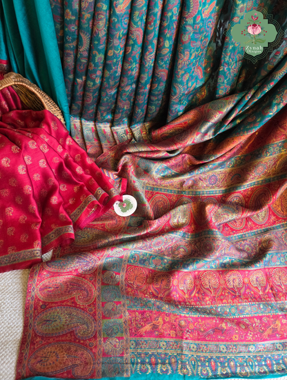Yamini | Teal Blue & Rust Red Kashmiri Pure Kani Silk Jamavar Weave Saree | Made To Order