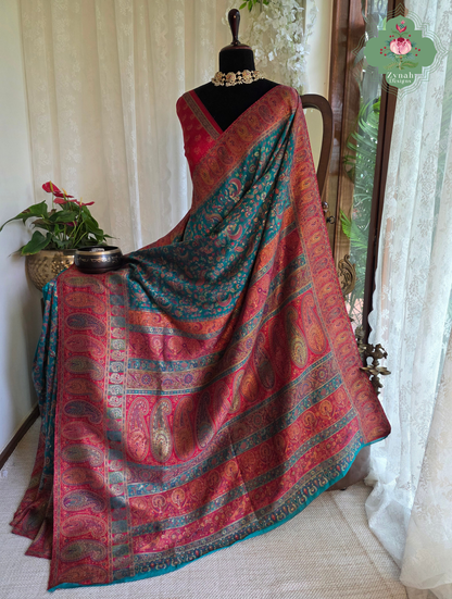 Yamini | Teal Blue & Rust Red Kashmiri Pure Kani Silk Jamavar Weave Saree | Made To Order