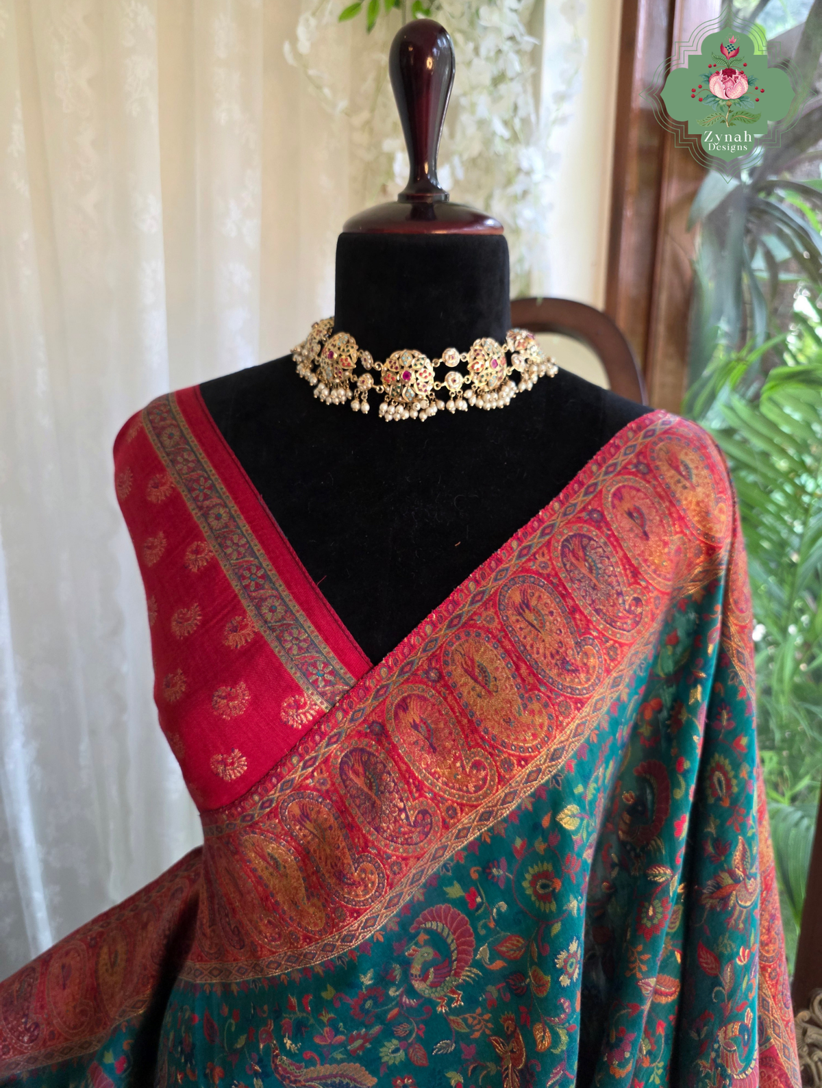 Yamini | Teal Blue & Rust Red Kashmiri Pure Kani Silk Jamavar Weave Saree | Made To Order