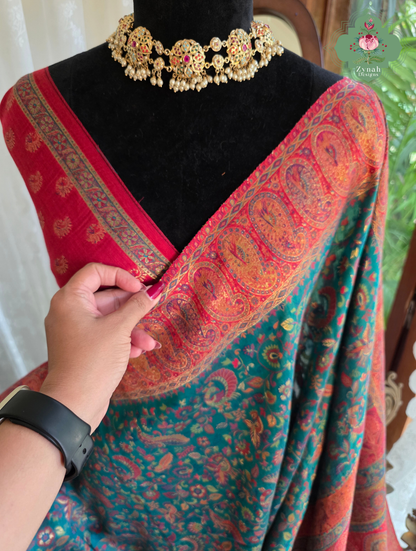 Yamini | Teal Blue & Rust Red Kashmiri Pure Kani Silk Jamavar Weave Saree | Made To Order