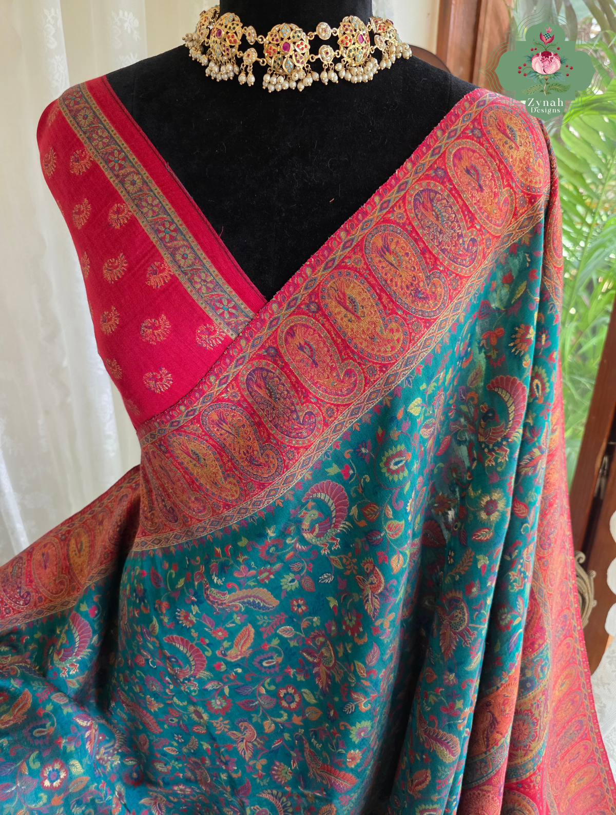 Yamini | Teal Blue & Rust Red Kashmiri Pure Kani Silk Jamavar Weave Saree | Made To Order