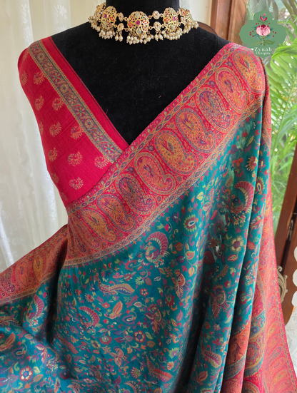 Yamini | Teal Blue & Rust Red Kashmiri Pure Kani Silk Jamavar Weave Saree | Made To Order