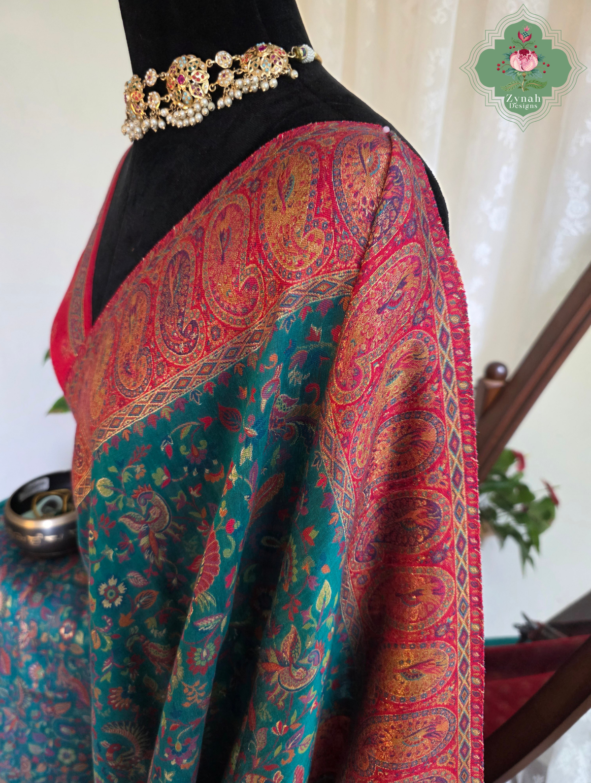Yamini | Teal Blue & Rust Red Kashmiri Pure Kani Silk Jamavar Weave Saree | Made To Order